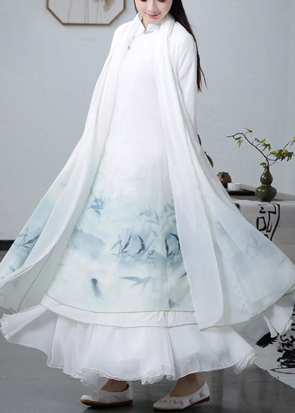 Chinese Style White Oversized Print Chiffon Dress Three Piece Set Spring
