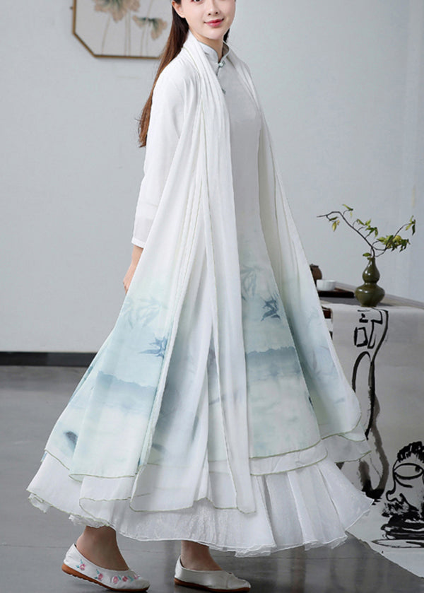 Chinese Style White Oversized Print Chiffon Dress Three Piece Set Spring