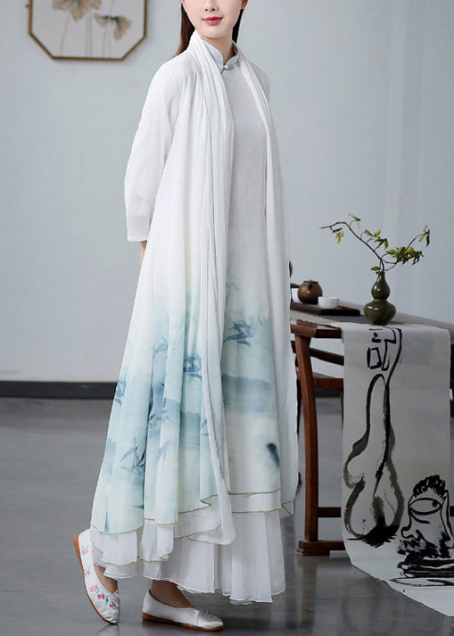 Chinese Style White Oversized Print Chiffon Dress Three Piece Set Spring