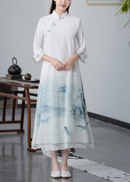 Chinese Style White Oversized Print Chiffon Dress Three Piece Set Spring