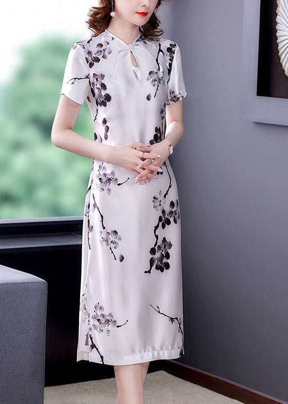 Chinese Style White Patchwork Print Silk Maxi Dresses Summer