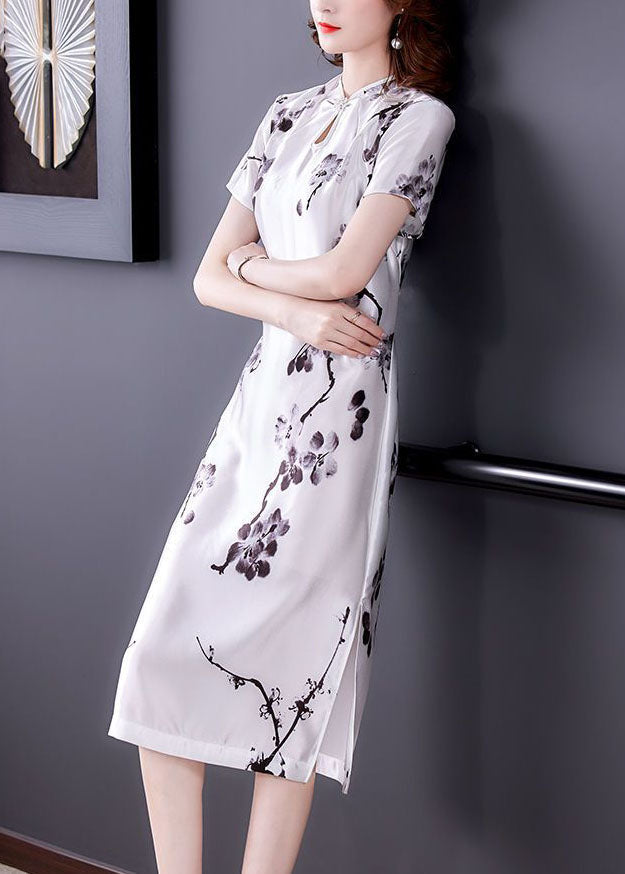 Chinese Style White Patchwork Print Silk Maxi Dresses Summer