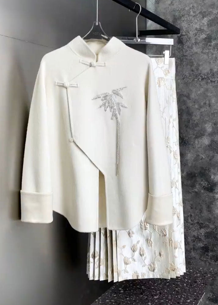Chinese Style White Stand Collar Embroidered Floral Shirts And Maxi Skirts Two Pieces Set Fall