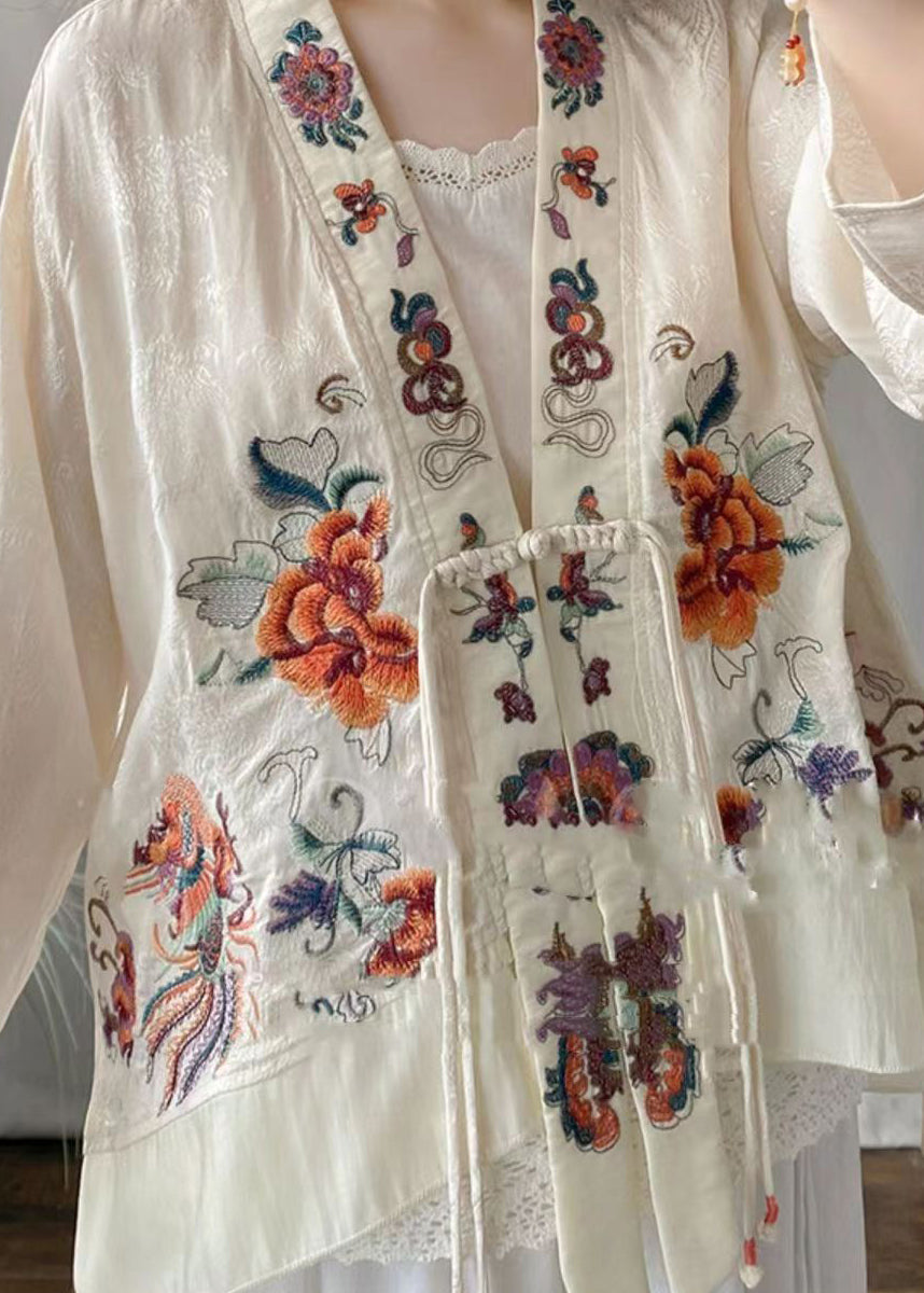 Chinese Style White Tasseled Embroideried Linen Silk Cardigans Spring