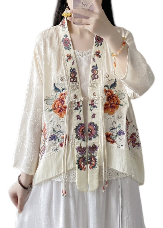 Chinese Style White Tasseled Embroideried Linen Silk Cardigans Spring