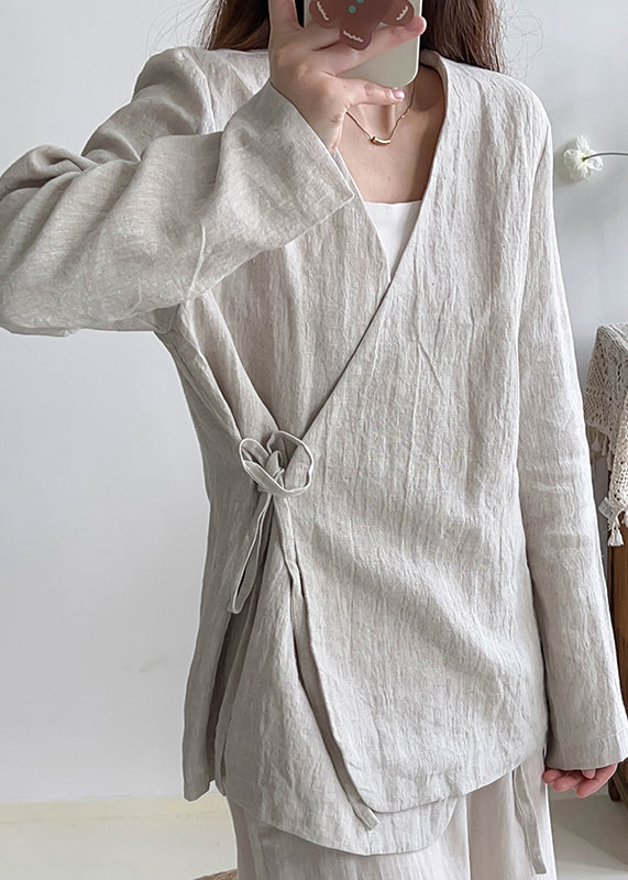 Chinese Style White V Neck Lace Up Linen Shirt Top Fall