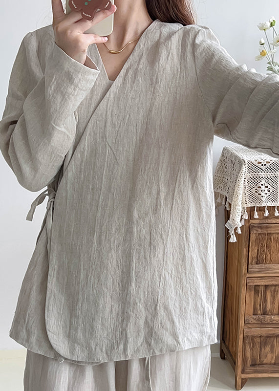Chinese Style White V Neck Lace Up Linen Shirt Top Fall