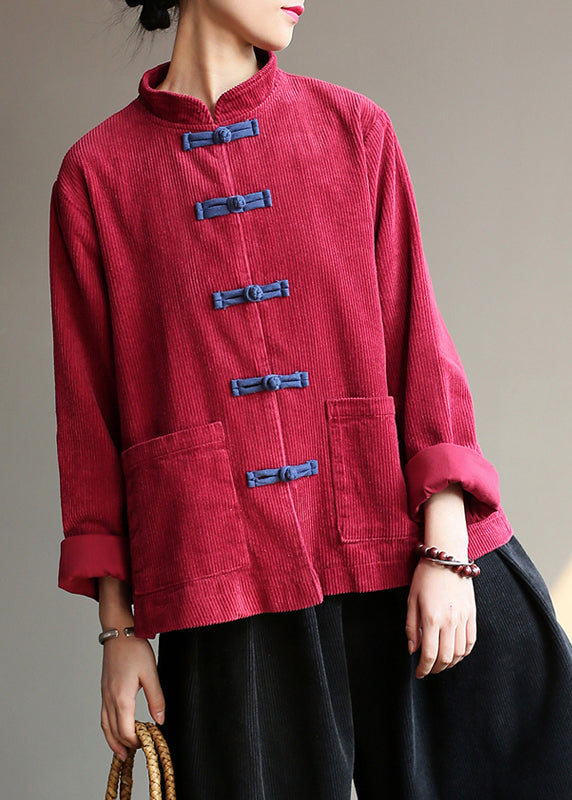 Chinese Style Wine Red Pockets Button Corduroy Coats Long Sleeve