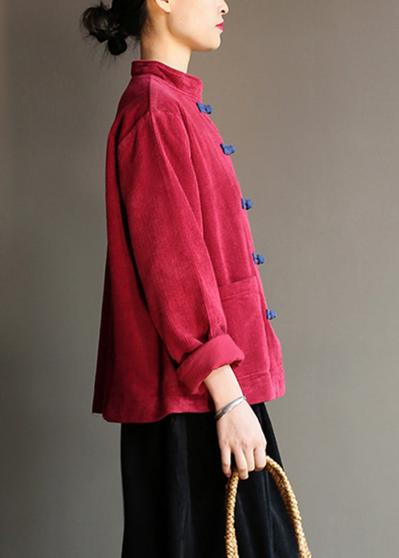 Chinese Style Wine Red Pockets Button Corduroy Coats Long Sleeve