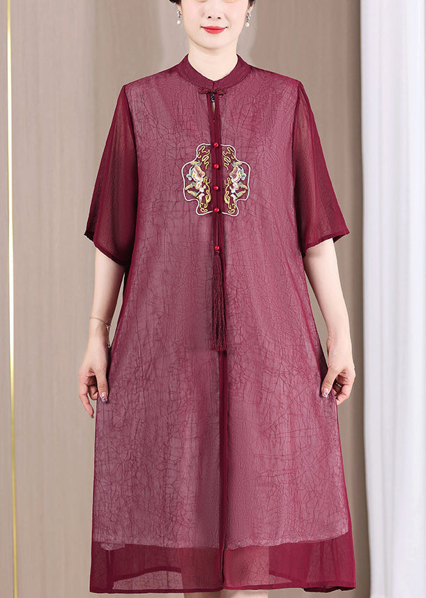 Chinese Style Wine Red Stand Collar Embroideried Patchwork Dress Summer