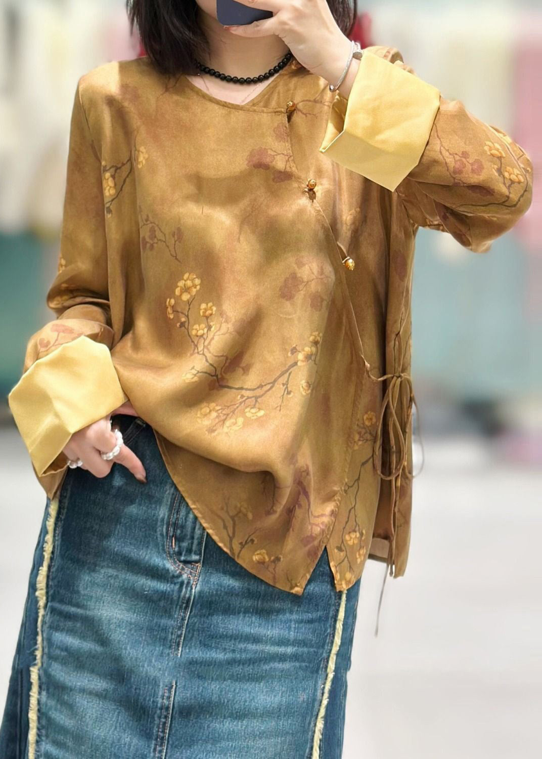 Chinese Style Yellow Button Print Lace Up  Silk Shirt Long Sleeve