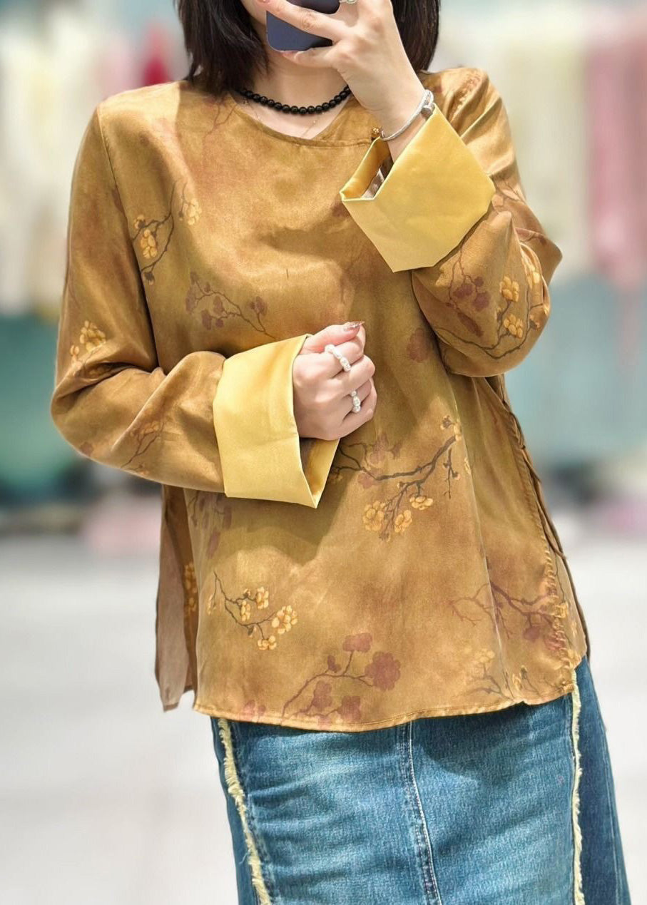 Chinese Style Yellow Button Print Lace Up  Silk Shirt Long Sleeve