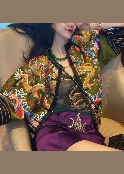Chinese Style Yellow Embroideried Button Patchwork Cotton Jackets Fall