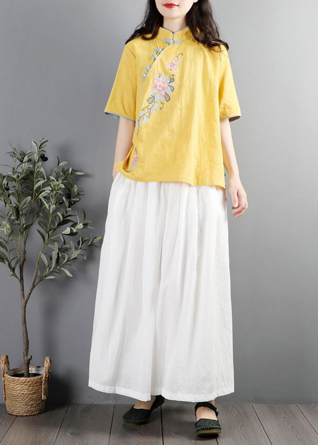 Chinese Style Yellow Embroideried Cotton Shirt Tops Summer
