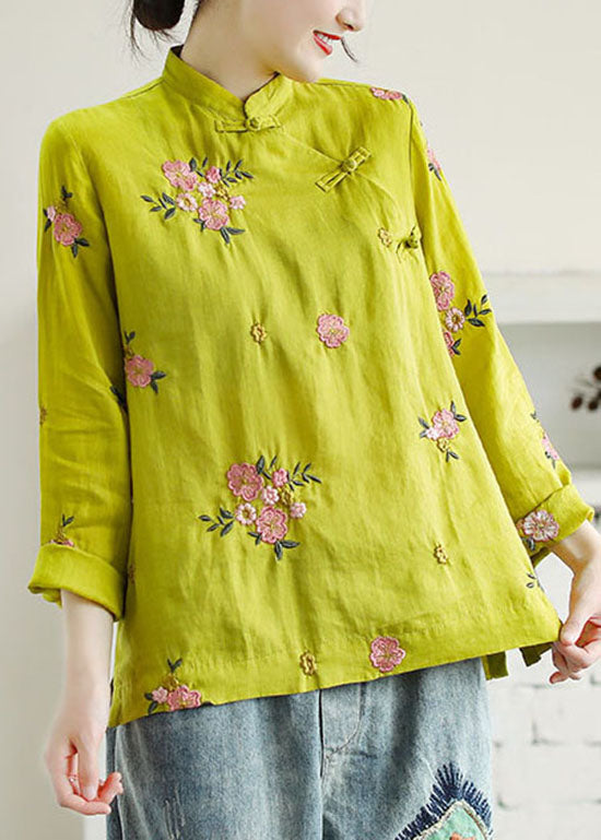 Chinese Style Yellow Embroideried Patchwork Linen Shirt Tops Spring