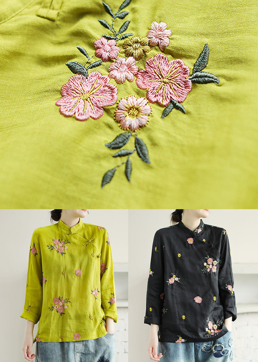 Chinese Style Yellow Embroideried Patchwork Linen Shirt Tops Spring