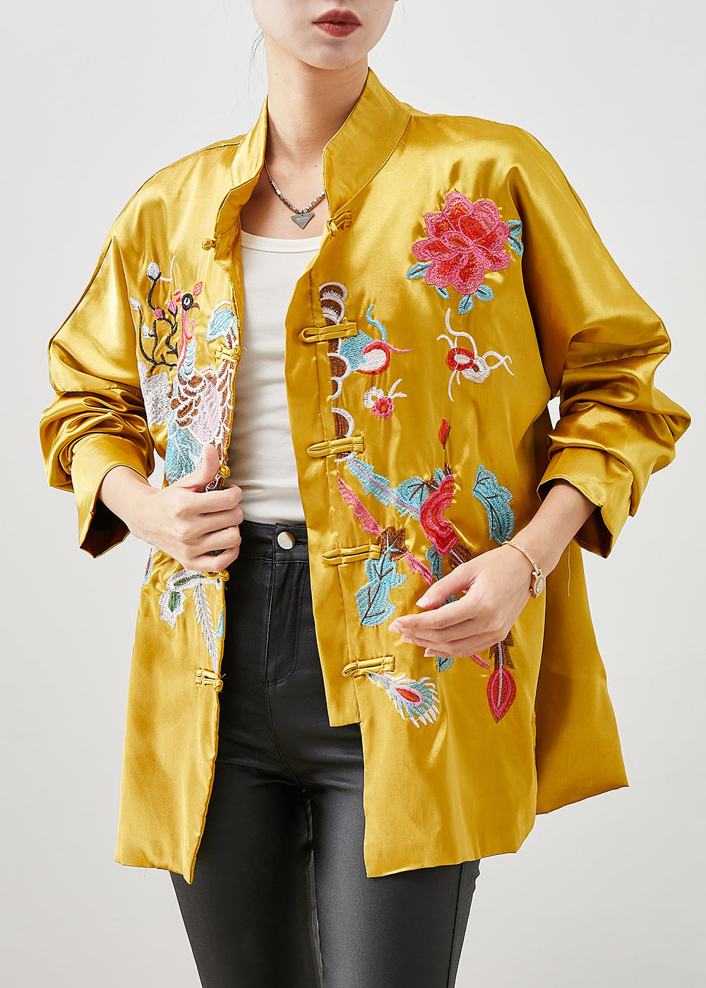 Chinese Style Yellow Embroideried Silk Jackets Spring