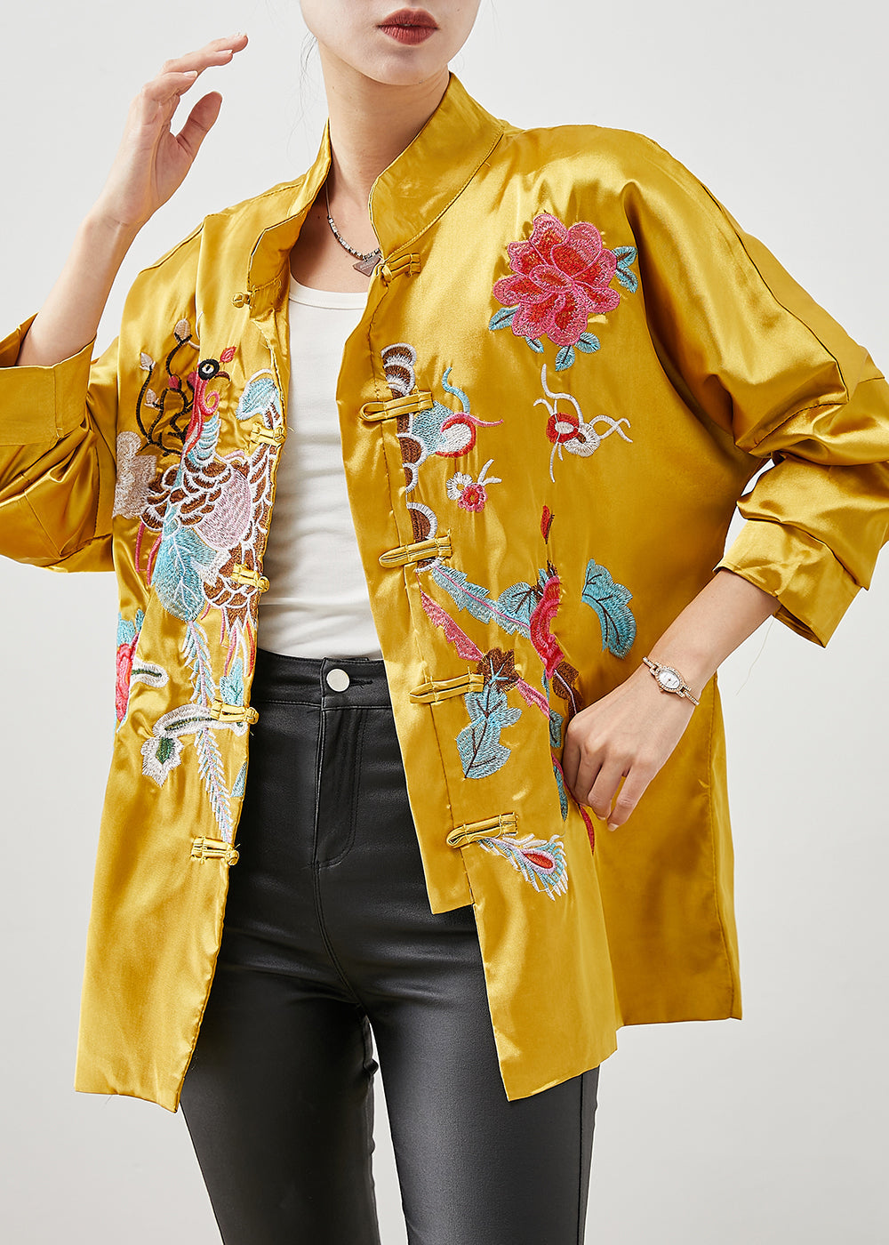 Chinese Style Yellow Embroideried Silk Jackets Spring