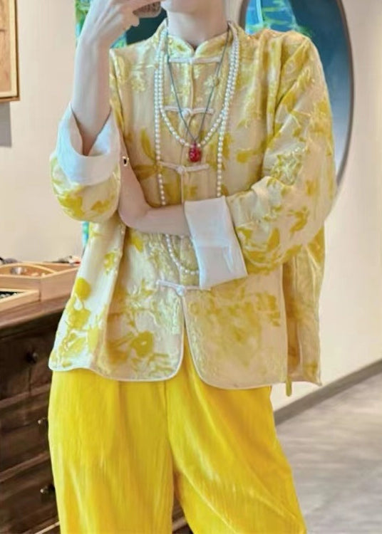 Chinese Style Yellow Jacquard Chinese Button Silk Shirt Top Fall