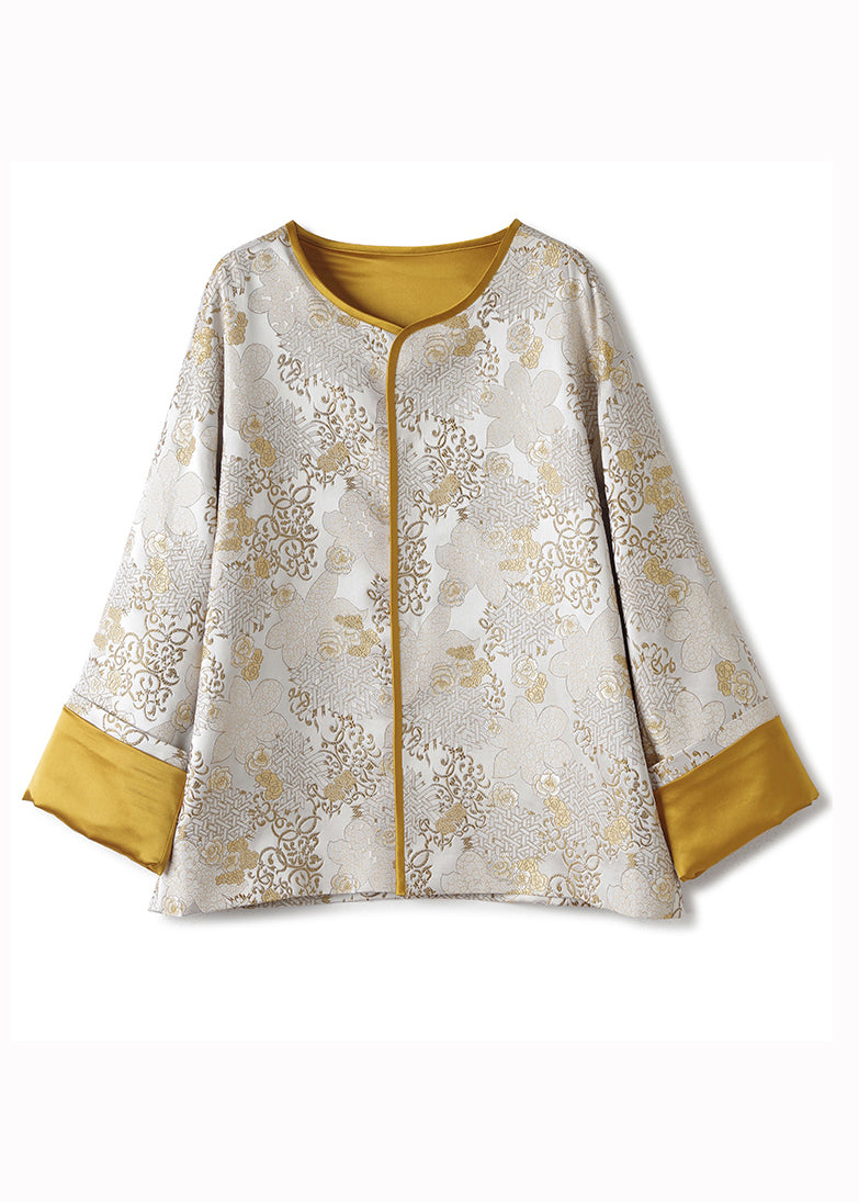 Chinese Style Yellow Jacquard Patchwork Loose Silk Coats Fall