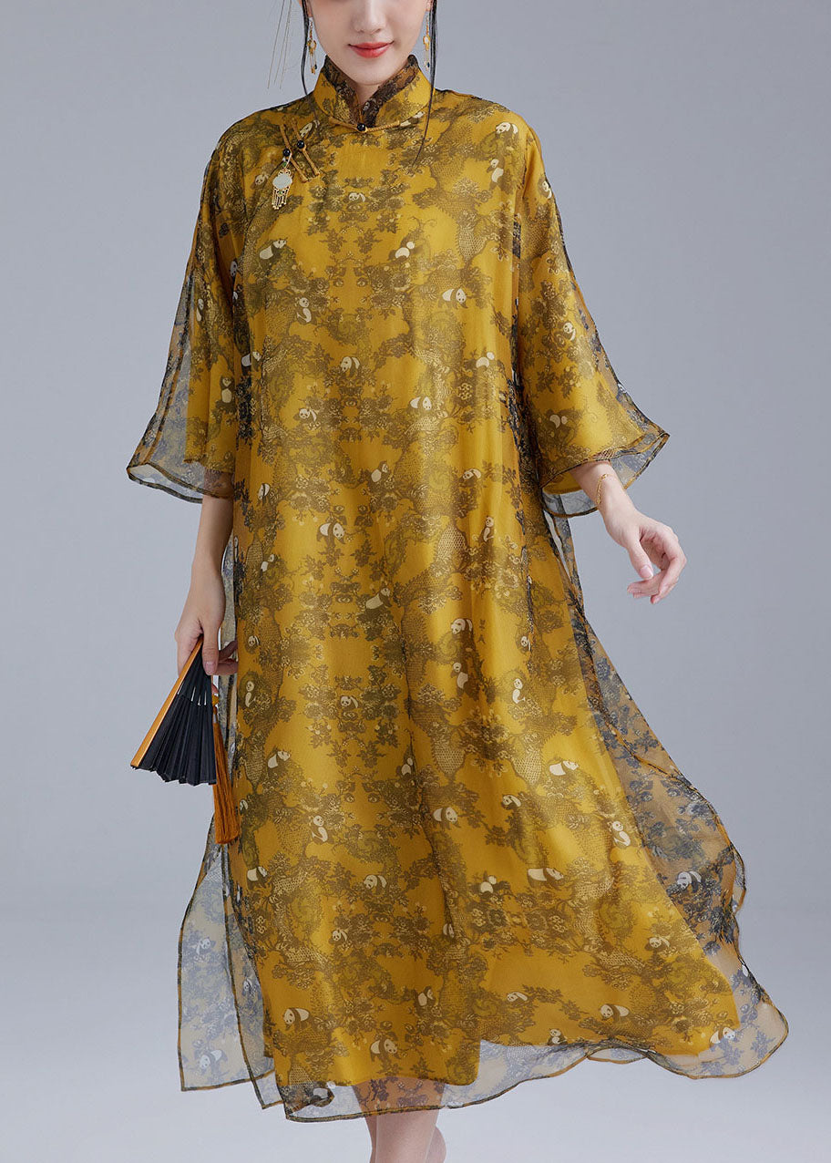 Chinese Style Yellow Mandarin Collar Oriental Button Tulle Silk Cheongsam Dresses Bracelet Sleeve