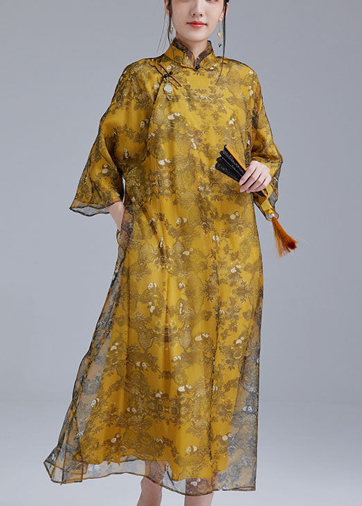 Chinese Style Yellow Mandarin Collar Oriental Button Tulle Silk Cheongsam Dresses Bracelet Sleeve