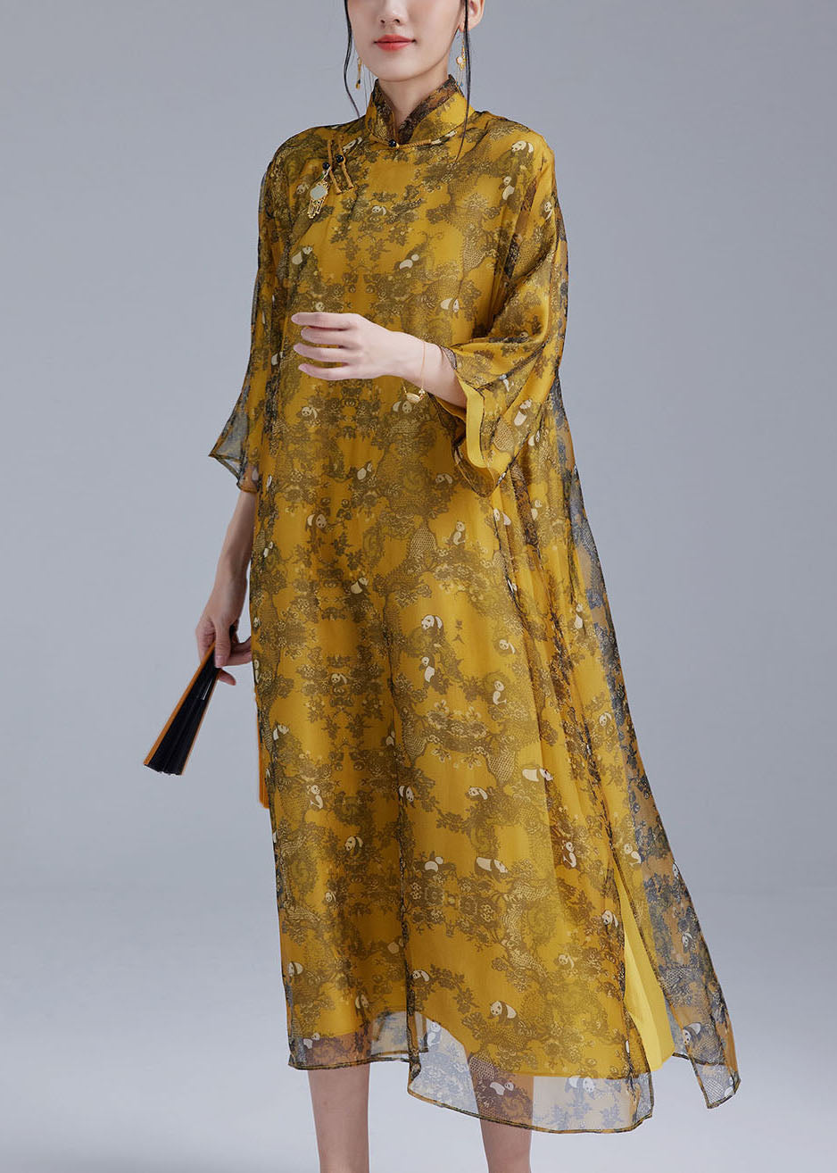 Chinese Style Yellow Mandarin Collar Oriental Button Tulle Silk Cheongsam Dresses Bracelet Sleeve