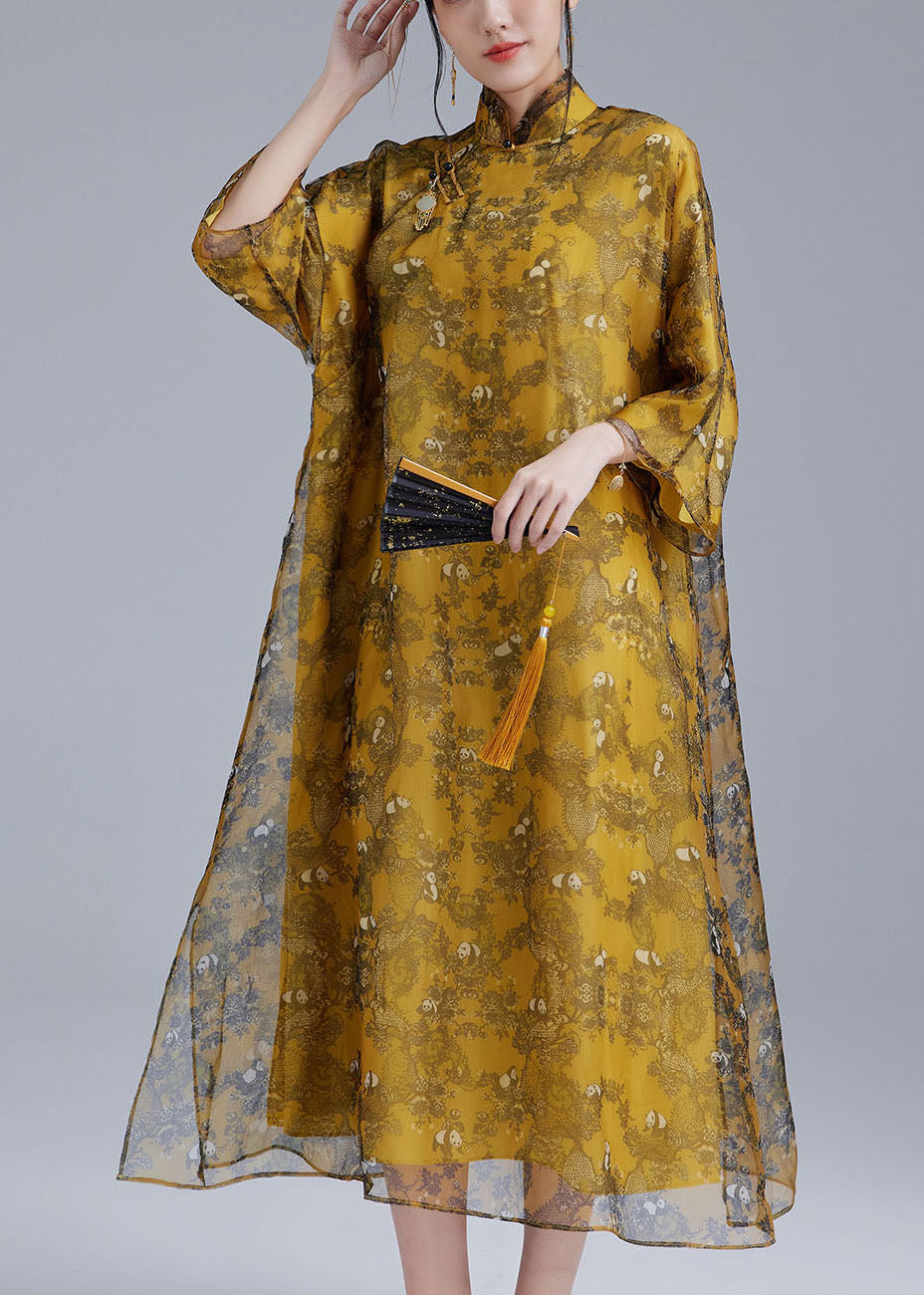 Chinese Style Yellow Mandarin Collar Oriental Button Tulle Silk Cheongsam Dresses Bracelet Sleeve