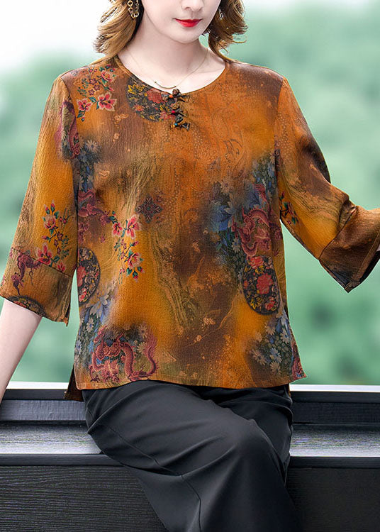 Chinese Style Yellow O-Neck Oriental Button Print Silk Blouse Top Half Sleeve