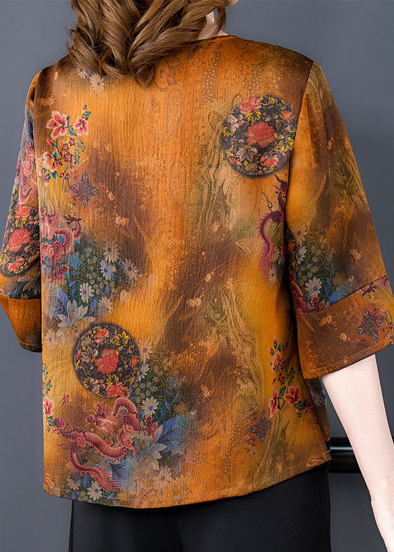 Chinese Style Yellow O-Neck Oriental Button Print Silk Blouse Top Half Sleeve