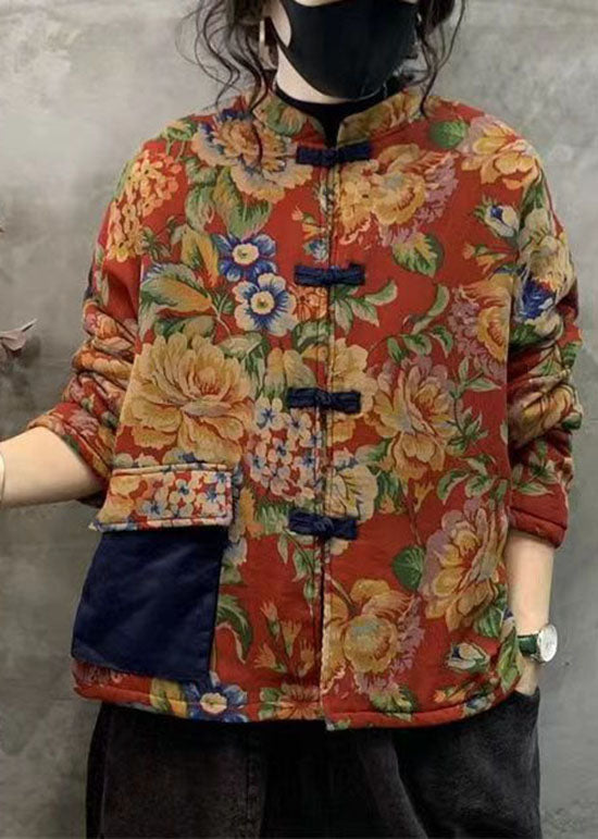 Chinese Style Yellow Print Patchwork Pocket Cotton Filled Outwear Winter