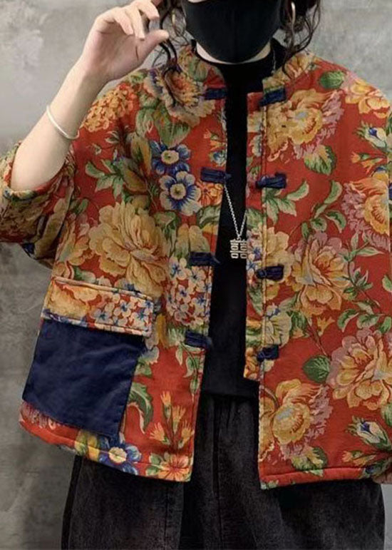 Chinese Style Yellow Print Patchwork Pocket Cotton Filled Outwear Winter
