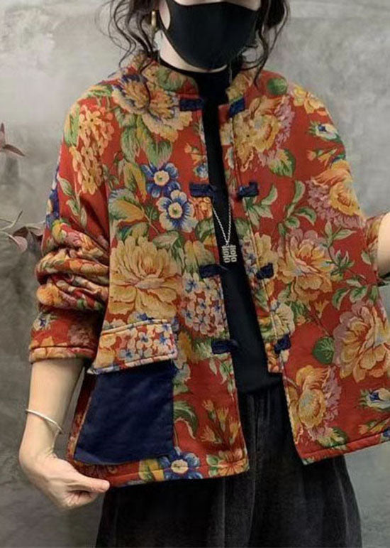 Chinese Style Yellow Print Patchwork Pocket Cotton Filled Outwear Winter