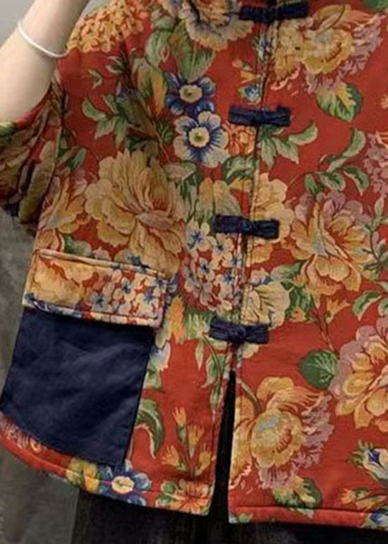 Chinese Style Yellow Print Patchwork Pocket Cotton Filled Outwear Winter