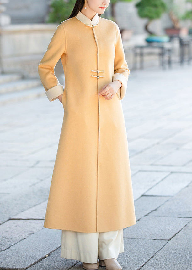 Chinese Style Yellow Stand Collar Pockets Woolen Trench Winter