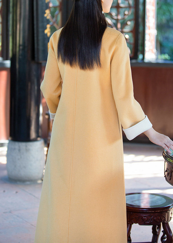 Chinese Style Yellow Stand Collar Pockets Woolen Trench Winter