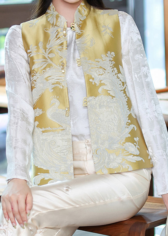 Chinese Style Yellow Stand Collar Print Side Open Waistcoat Spring - Omychic