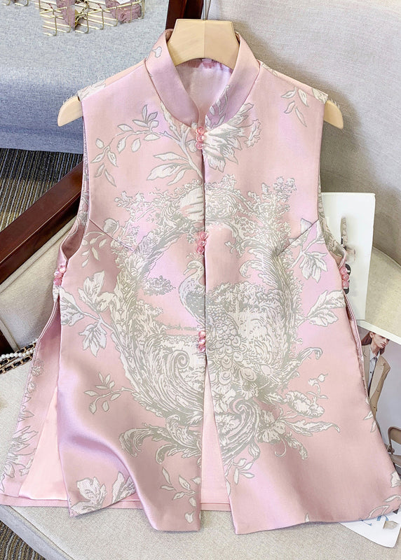 Chinese Style Yellow Stand Collar Print Side Open Waistcoat Spring