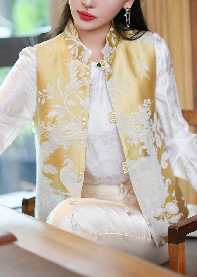Chinese Style Yellow Stand Collar Print Side Open Waistcoat Spring