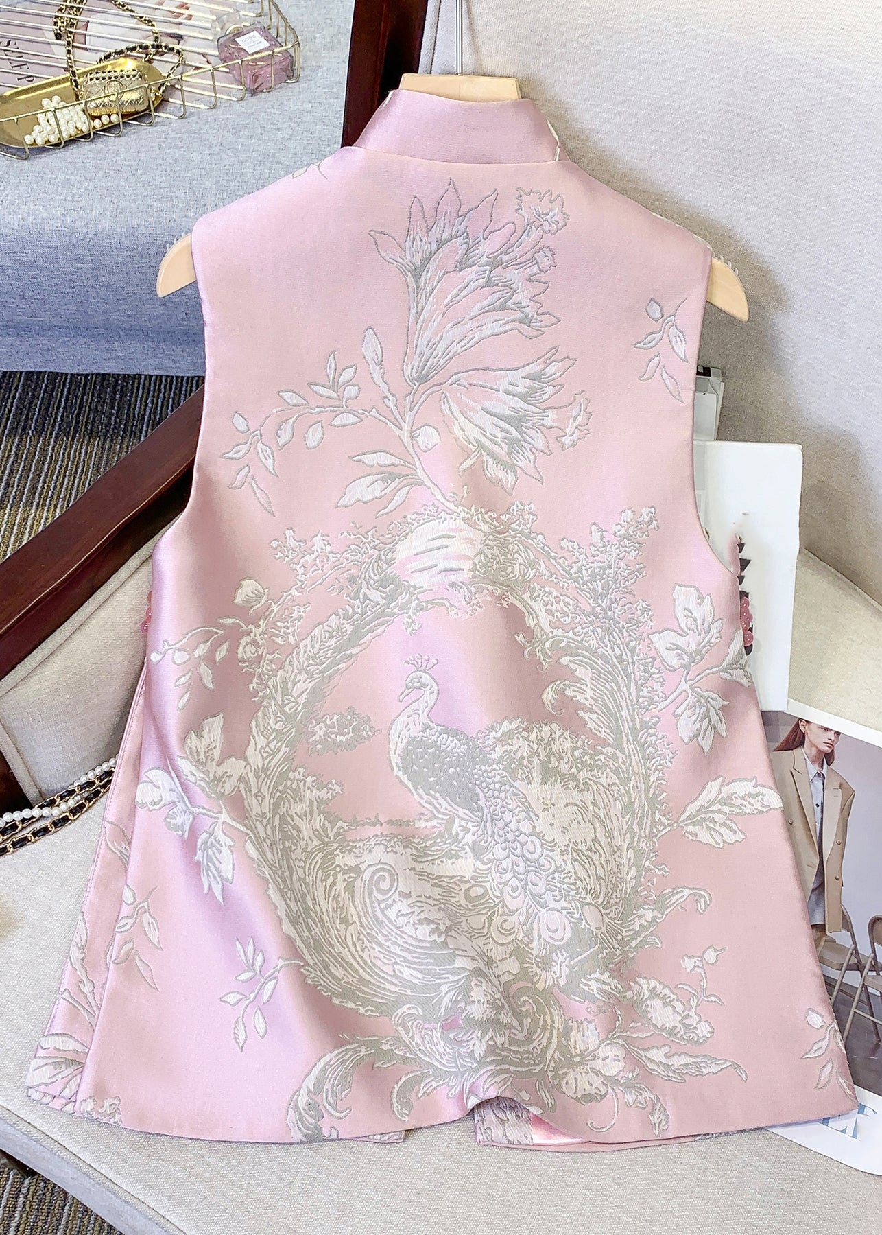 Chinese Style Yellow Stand Collar Print Side Open Waistcoat Spring - Omychic