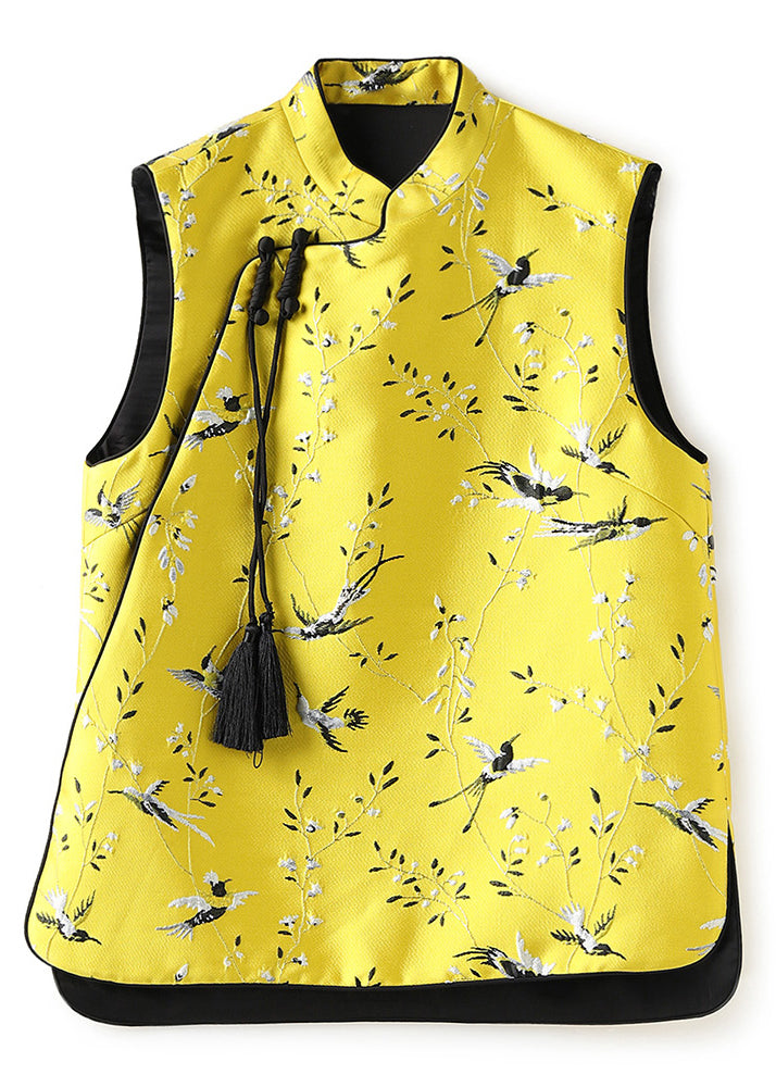 Chinese Style Yellow Tasseled Embroideried Patchwork Silk Vest Sleeveless