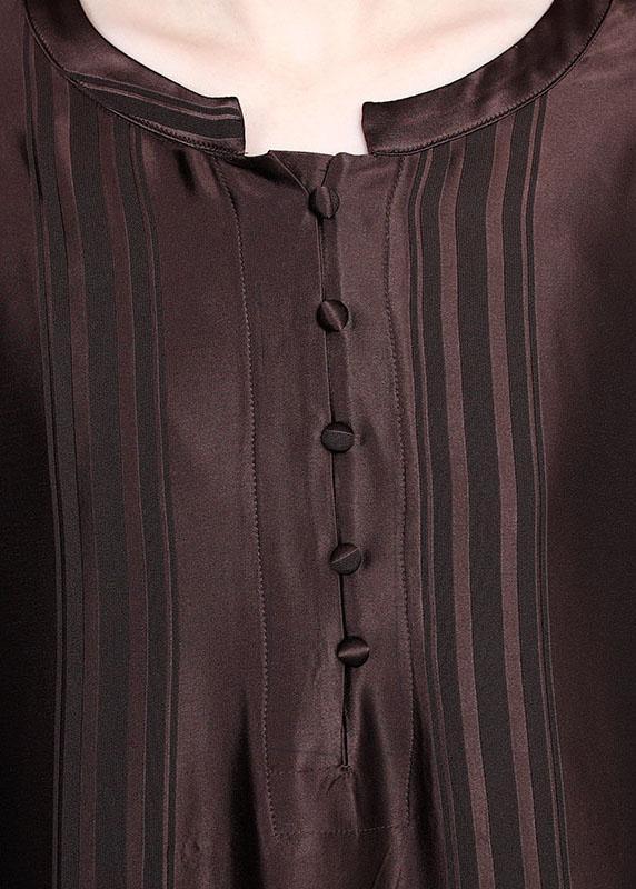 Chocolate Button Design Pockets Summer Silk Ankle Dress - Omychic