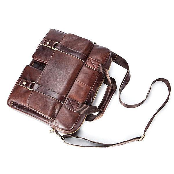 Chocolate Genuine Leather Business Vintage Briefcase Handbag Crossbody Bag For Men - Omychic