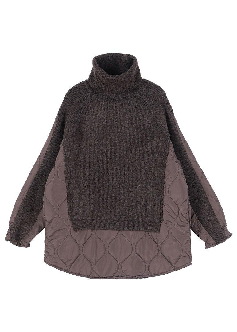 Chocolate Knitted high neck combed rhombic Plaid Cotton Sweater - Omychic
