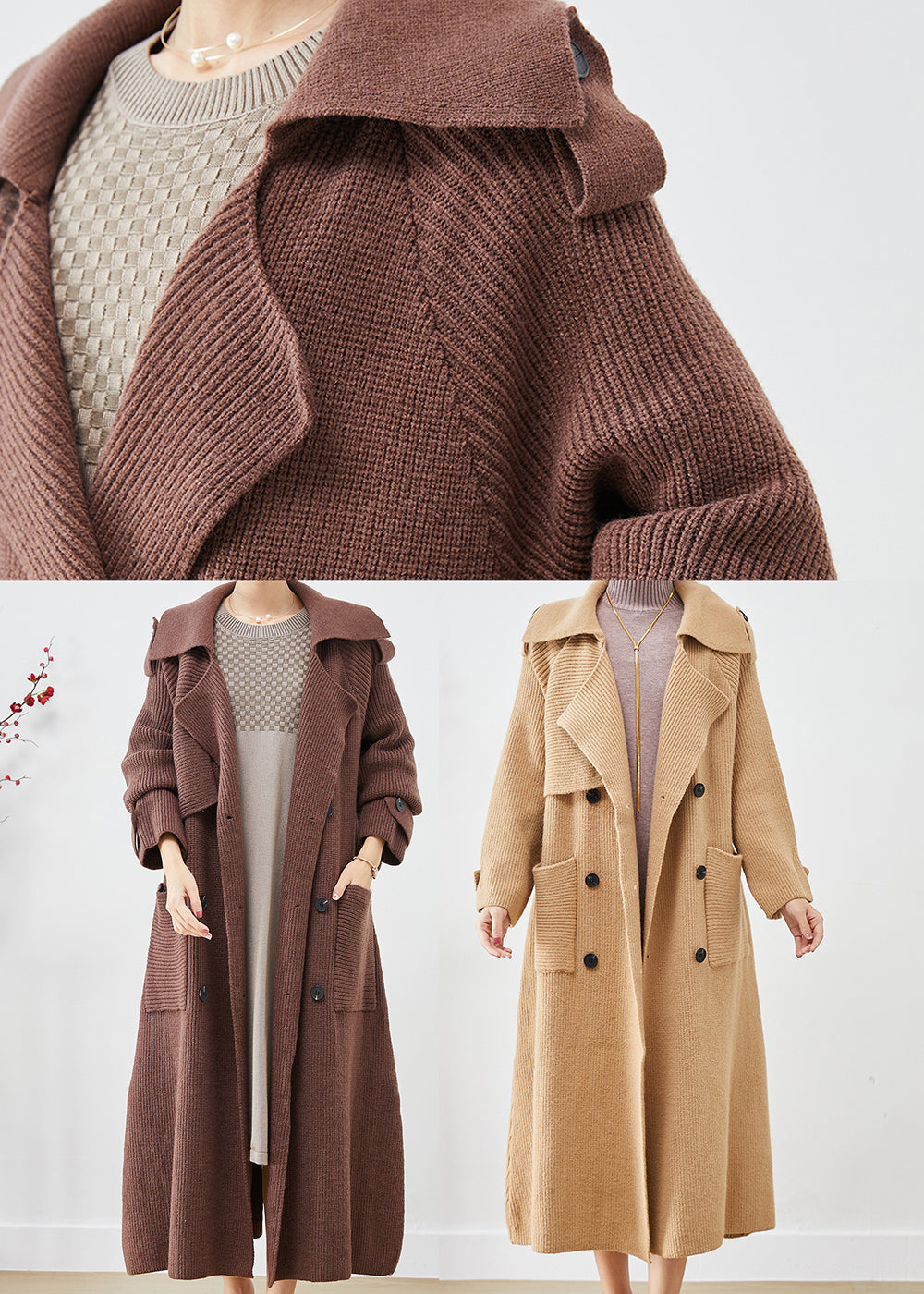 Chocolate Loose Knit Coat Outwear Double Breast Pockets Fall