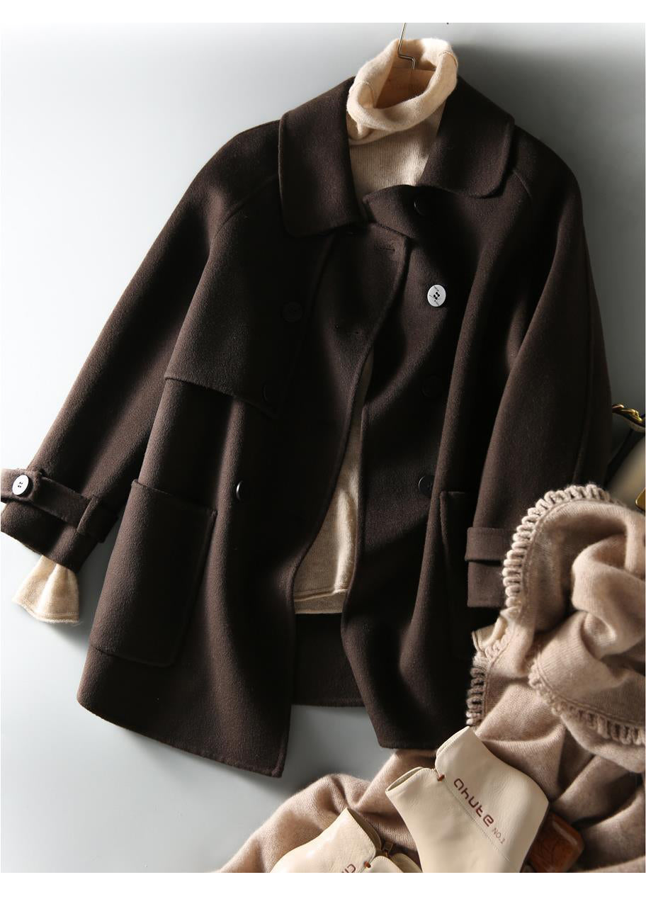 Chocolate Loose Woolen Trench Peter Pan Collar Double Breast Fall