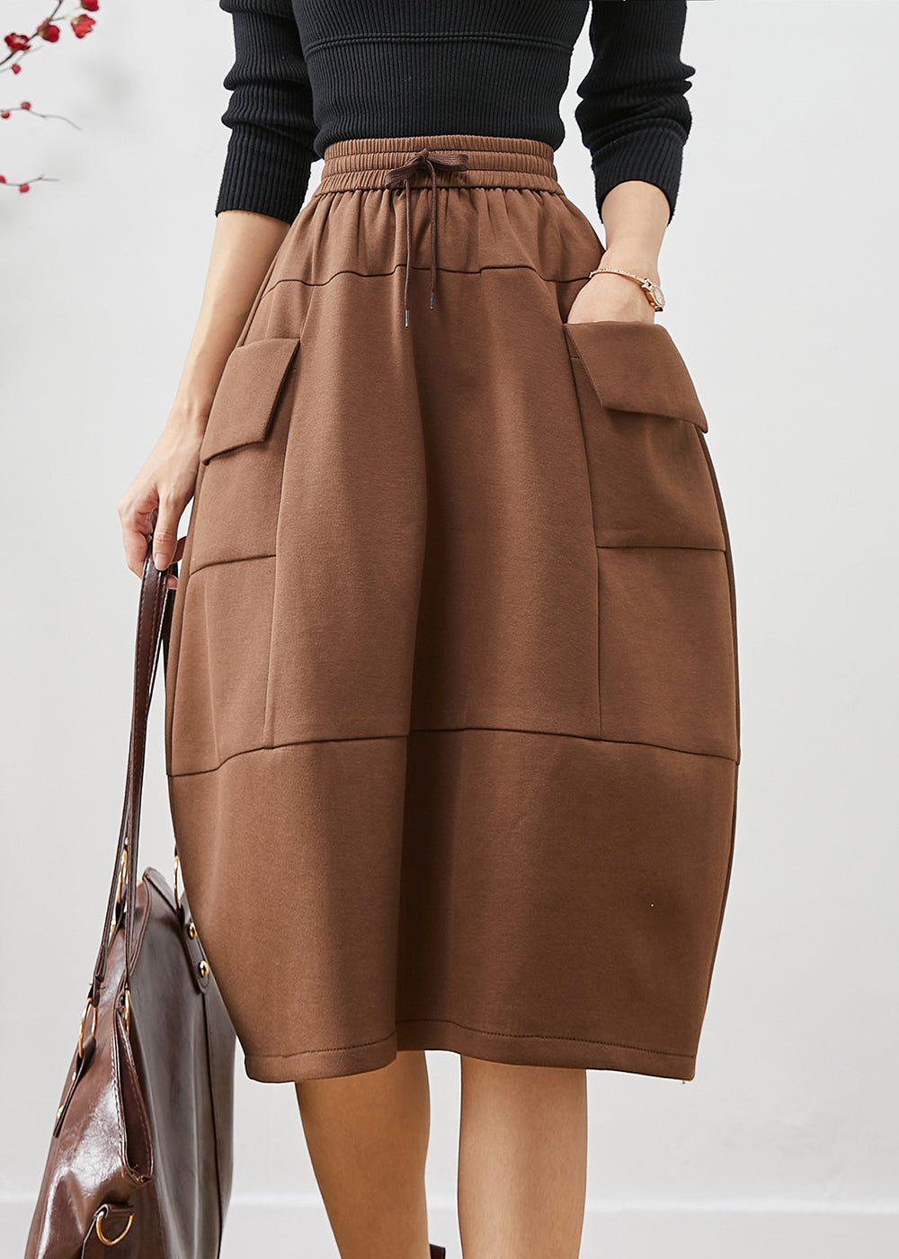 Chocolate Patchwork Cotton Skirts Elastic Waist Pockets Fall