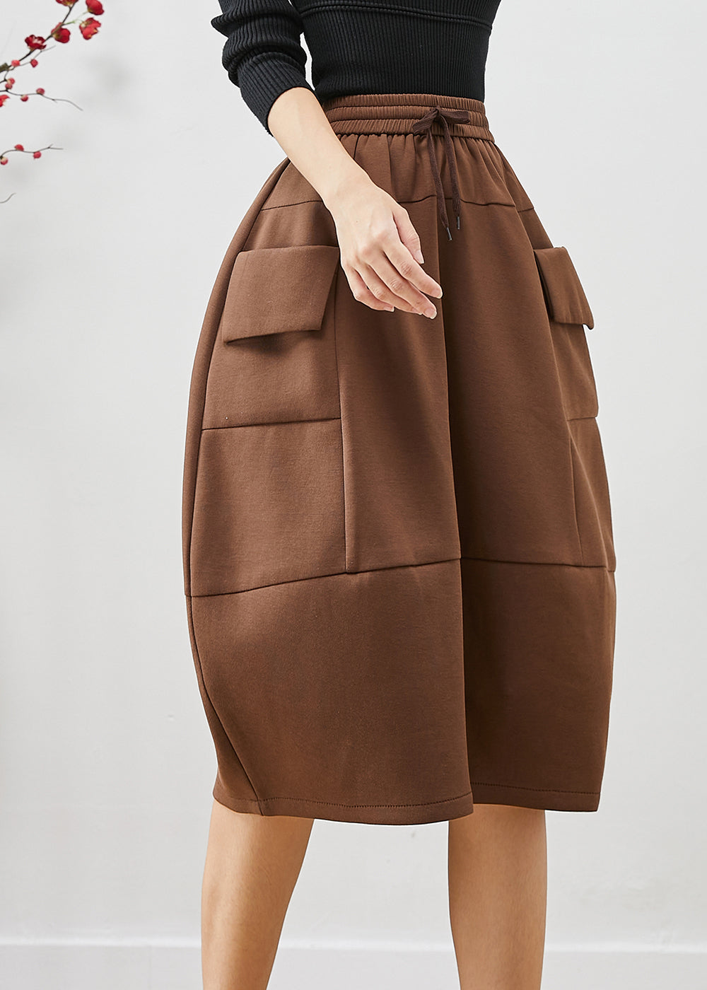 Chocolate Patchwork Cotton Skirts Elastic Waist Pockets Fall