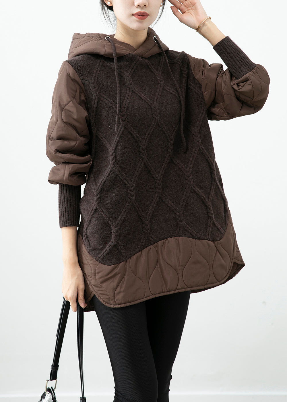 Chocolate Patchwork Knit Fine Cotton Filled Pullover Streetwear Dress Hooded Winter