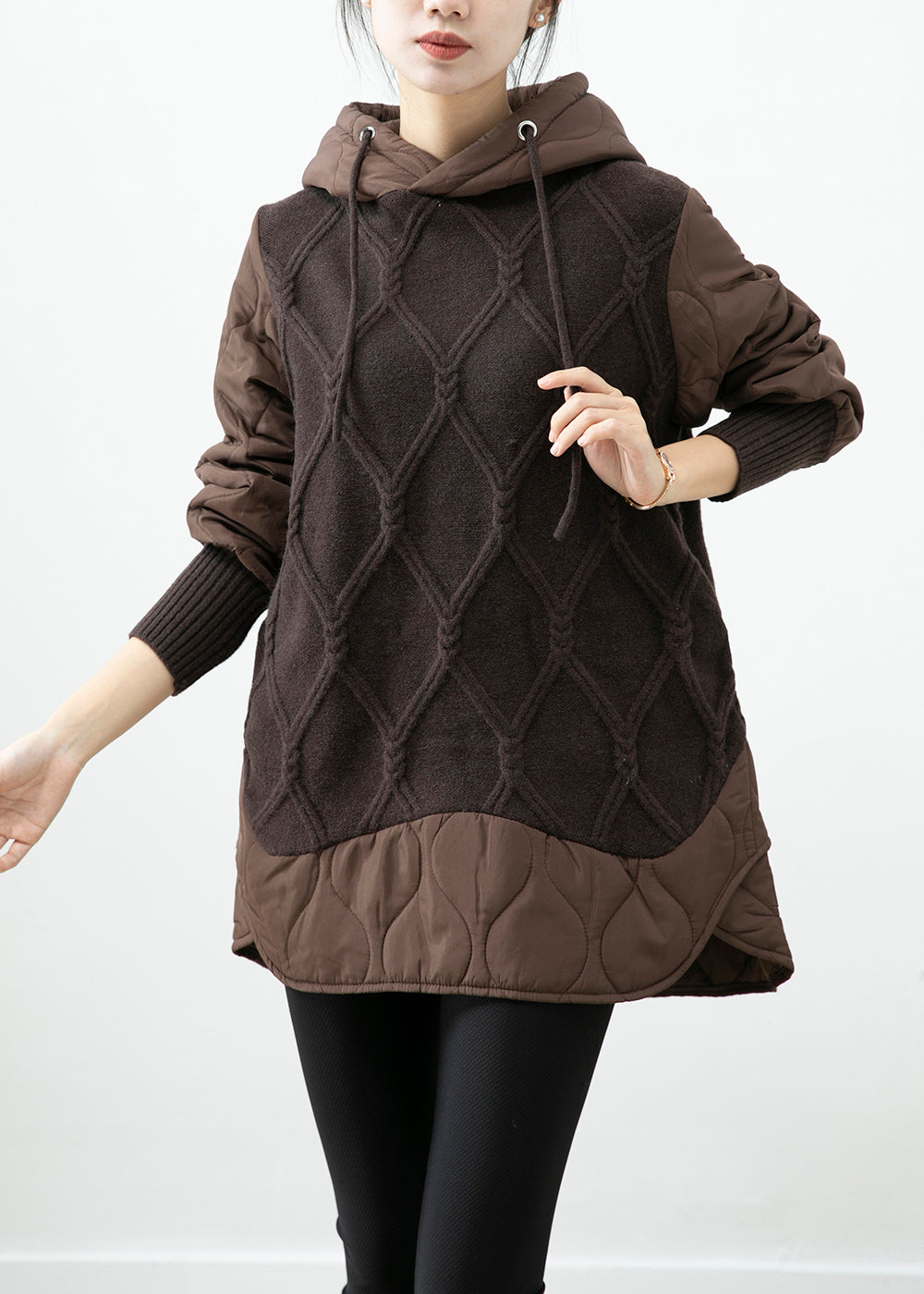 Chocolate Patchwork Knit Fine Cotton Filled Pullover Streetwear Dress Hooded Winter